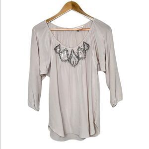 Rebecca Taylor 100% Silk Beaded Detail Neckline Front Blouse